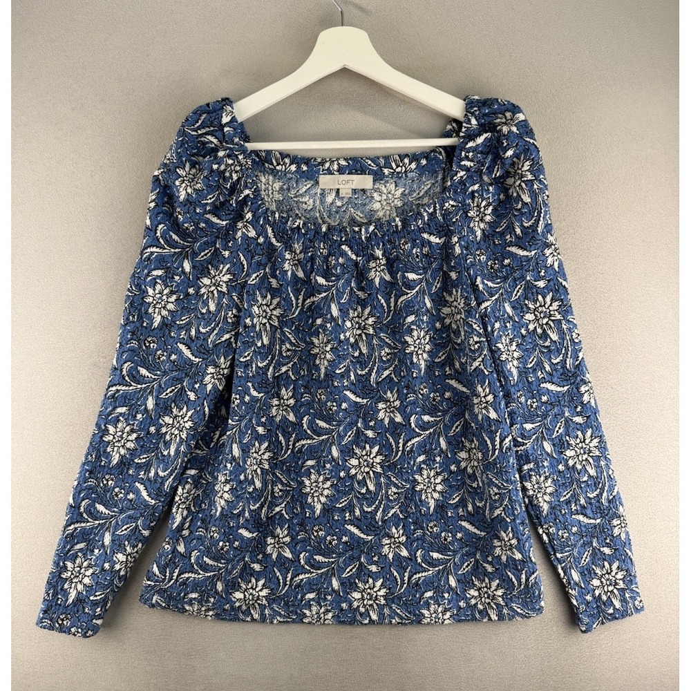 LOFT Women's Sz M Floral Prints Smocked Square Neck Puff Sleeves Cottagecore Top